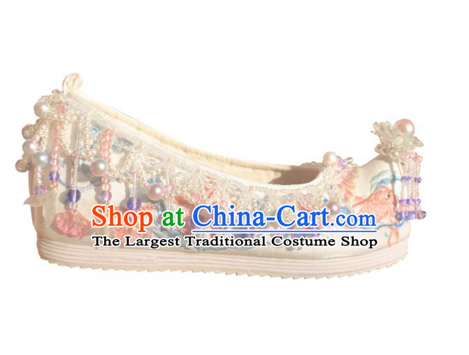 Handmade Chinese Traditional Hanfu White Shoes Embroidered Fish Shoes Ancient Princess Shoes