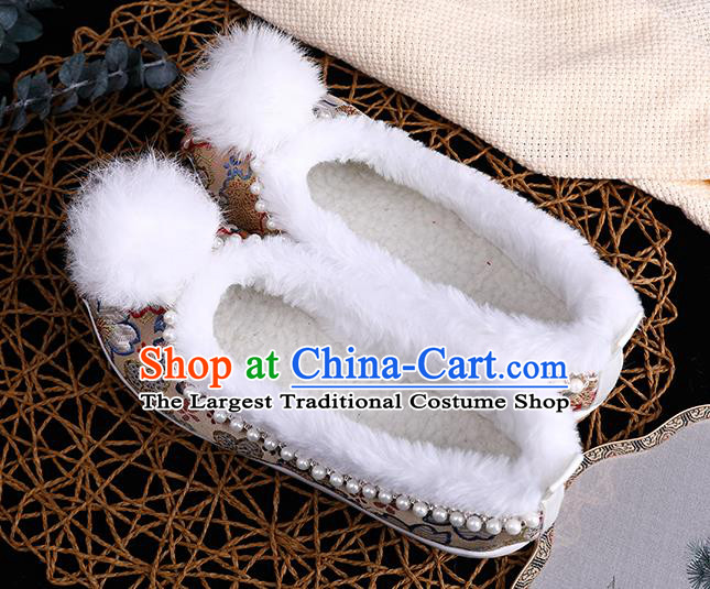 Chinese Traditional Hanfu Winter Shoes Ancient Princess Shoes Handmade Golden Brocade Shoes