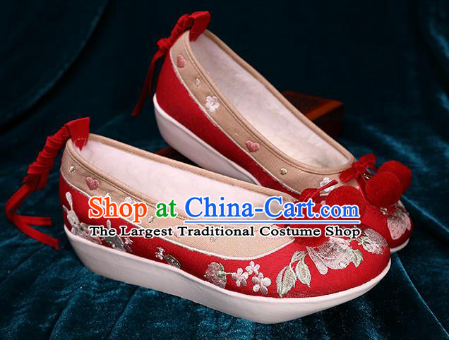 Chinese Traditional Hanfu Winter Shoes Handmade Embroidered Red Brocade Shoes Ancient Tang Dynasty Wedding Shoes