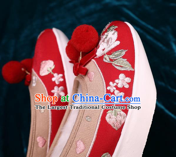 Chinese Traditional Hanfu Winter Shoes Handmade Embroidered Red Brocade Shoes Ancient Tang Dynasty Wedding Shoes
