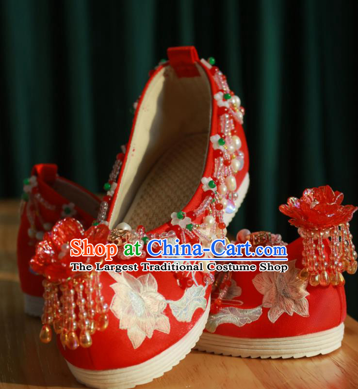 Handmade Chinese Traditional Wedding Shoes Embroidered Lotus Shoes Ancient Princess Shoes Hanfu Red Shoes