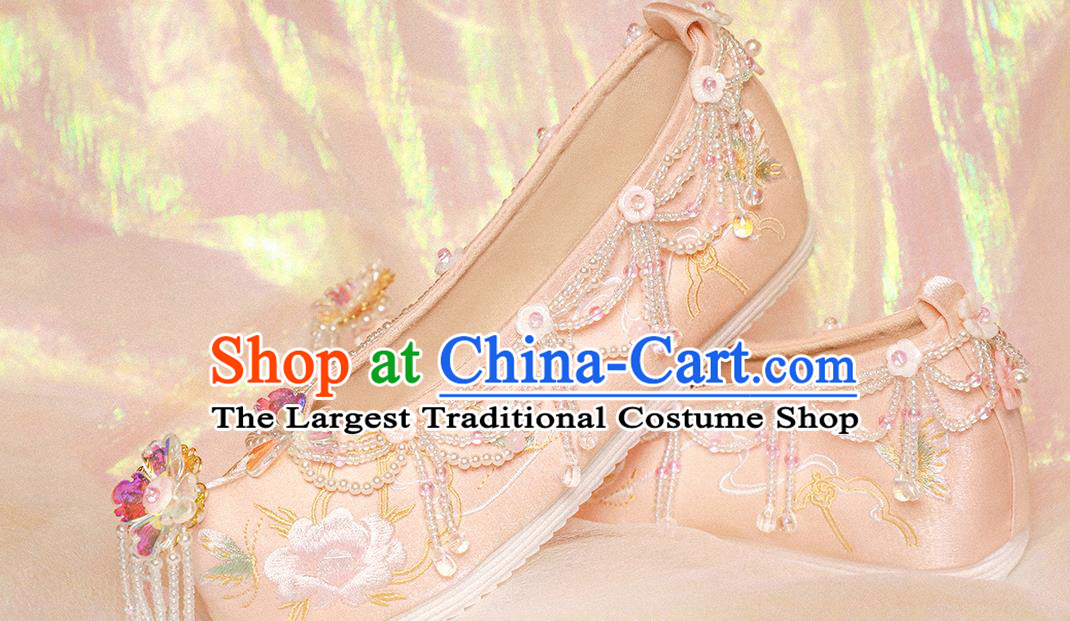 Handmade Chinese Embroidered Peony Shoes Traditional Shoes Ancient Princess Shoes Hanfu Beads Tassel Shoes