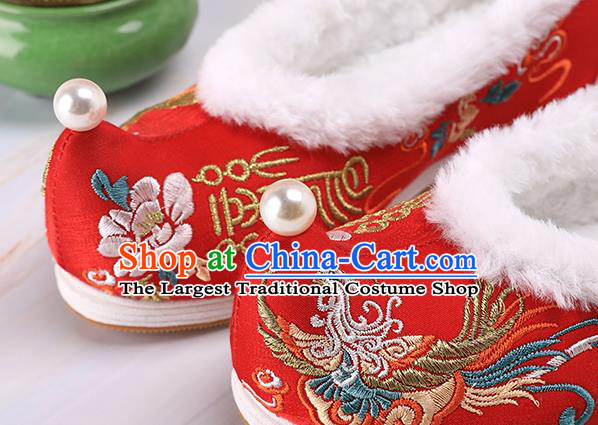 Chinese Traditional Hanfu Shoes Ancient Princess Shoes Handmade Embroidered Phoenix Red Shoes