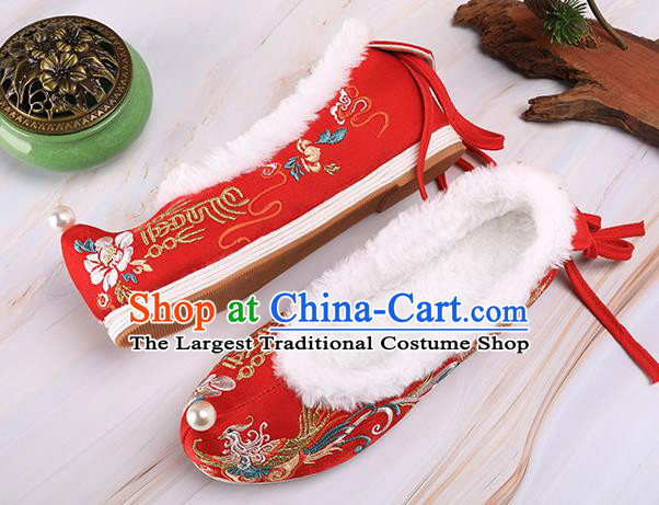 Chinese Traditional Hanfu Shoes Ancient Princess Shoes Handmade Embroidered Phoenix Red Shoes