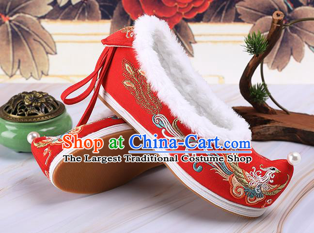 Chinese Traditional Hanfu Shoes Ancient Princess Shoes Handmade Embroidered Phoenix Red Shoes