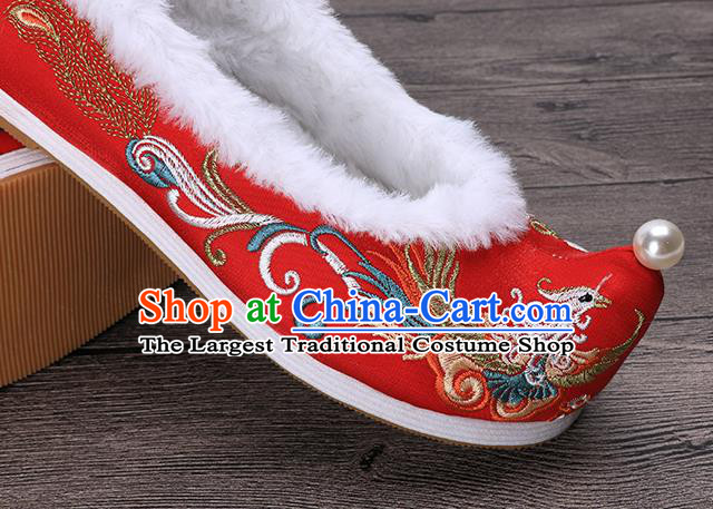 Chinese Traditional Hanfu Shoes Ancient Princess Shoes Handmade Embroidered Phoenix Red Shoes