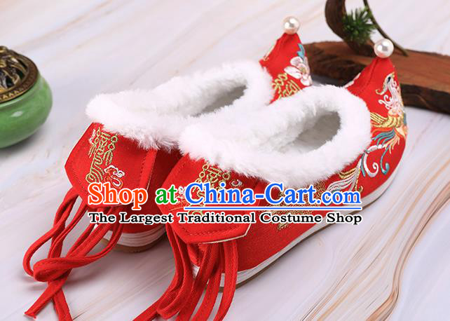Chinese Traditional Hanfu Shoes Ancient Princess Shoes Handmade Embroidered Phoenix Red Shoes