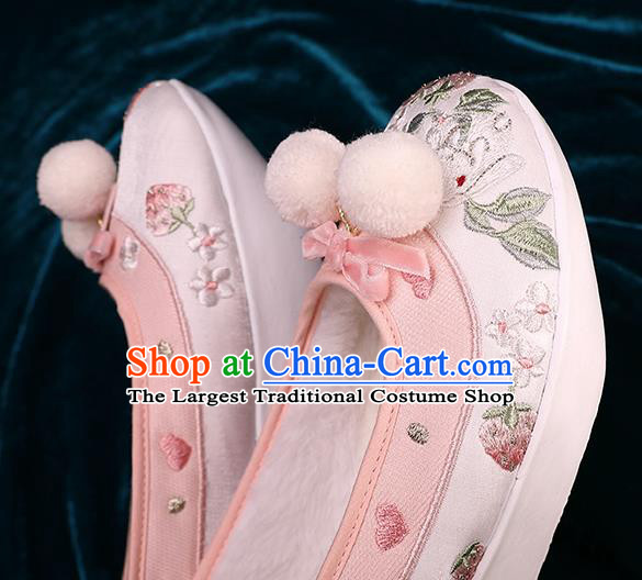 Chinese Handmade Embroidered Pink Brocade Shoes Ancient Tang Dynasty Shoes Traditional Hanfu Winter Shoes