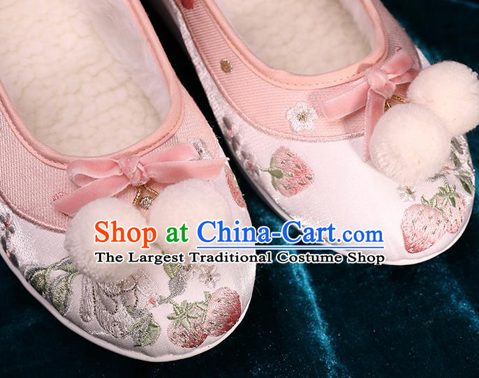 Chinese Handmade Embroidered Pink Brocade Shoes Ancient Tang Dynasty Shoes Traditional Hanfu Winter Shoes
