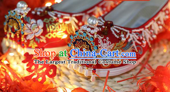 Chinese Traditional Hanfu Blueing Peacock Shoes Ancient Wedding Shoes Embroidered Red Shoes
