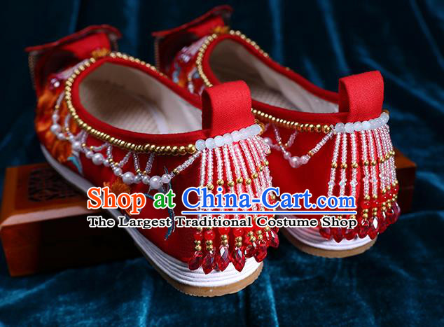 Chinese Traditional Hanfu Golden Beads Shoes Ancient Bride Red Shoes Wedding Embroidered Peony Shoes