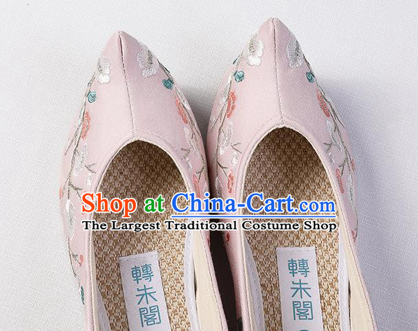 Chinese Handmade Embroidered Mangnolia Pink Shoes Traditional Ming Dynasty Princess Shoes