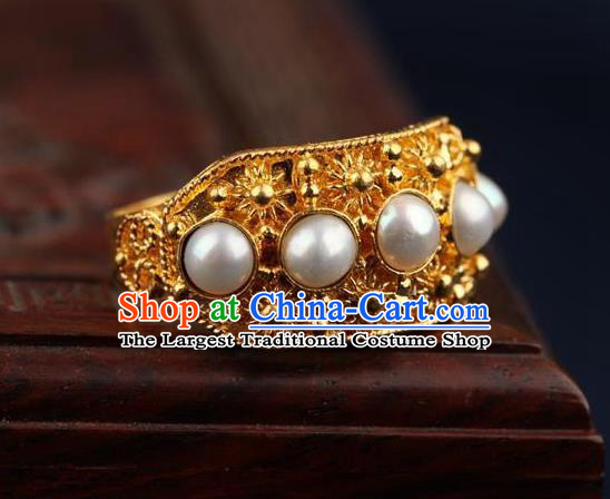 China Ancient Qing Dynasty Golden Circlet Traditional Court Pearls Ring