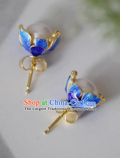 China National Pearl Earrings Traditional Cheongsam Blueing Lotus Ear Accessories