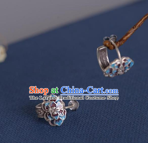 China National Silver Peony Earrings Traditional Cheongsam Blueing Ear Accessories