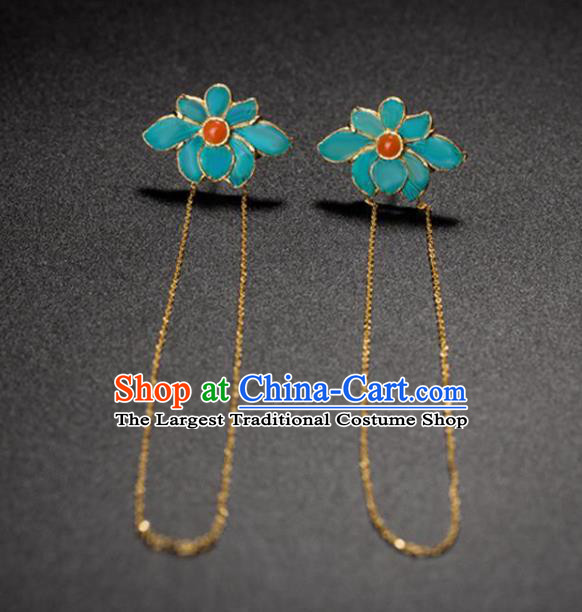 China National Agate Earrings Traditional Qing Dynasty Empress Blue Lotus Ear Accessories