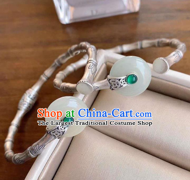 Chinese Classical Silver Bamboo Bracelet Handmade Jade Ring Bangle Jewelry Accessories