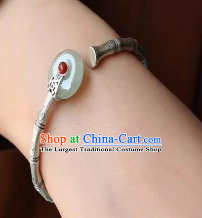 Chinese Handmade Jade Coral Bangle Jewelry Accessories Classical Silver Bamboo Bracelet