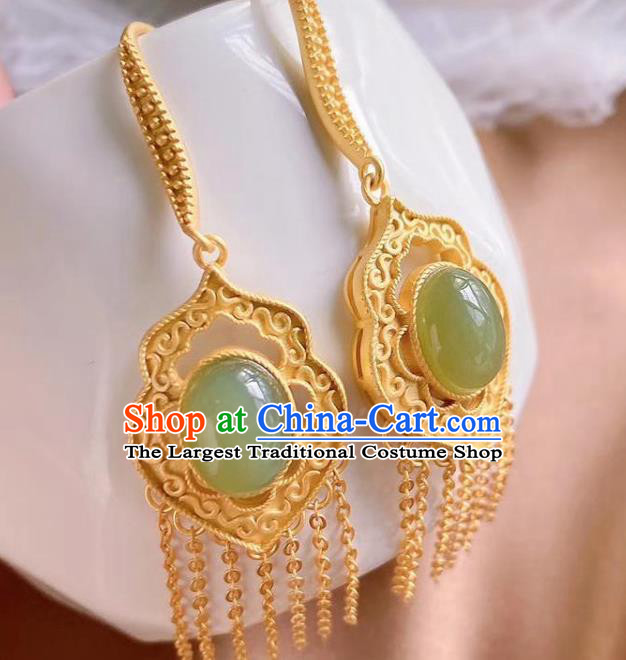 China Traditional Cheongsam Jade Ear Accessories National Golden Tassel Earrings