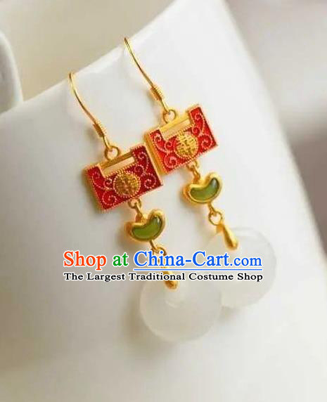 China Traditional Cheongsam Enamel Red Lock Ear Accessories National Wedding Jade Earrings