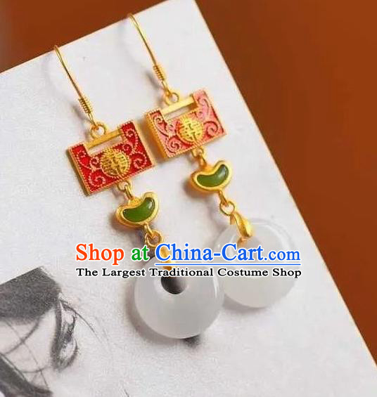 China Traditional Cheongsam Enamel Red Lock Ear Accessories National Wedding Jade Earrings
