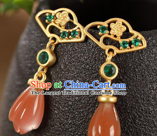 China Traditional Cheongsam Green Crystal Ear Accessories National Wedding Red Agate Mangnolia Earrings