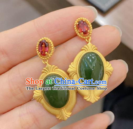 China Traditional Cheongsam Green Jade Ear Accessories National Garnet Earrings
