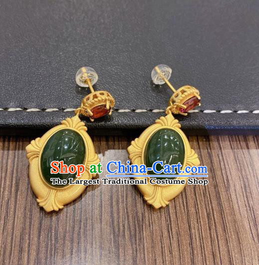 China Traditional Cheongsam Green Jade Ear Accessories National Garnet Earrings