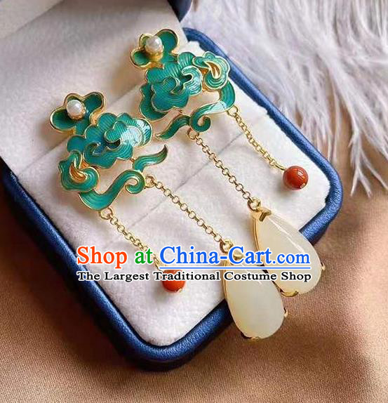 China Traditional Cheongsam Jade Tassel Ear Accessories National Enamel Cloud Earrings