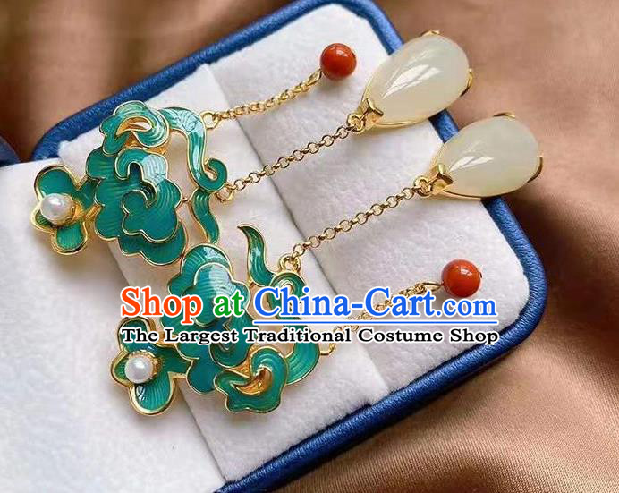 China Traditional Cheongsam Jade Tassel Ear Accessories National Enamel Cloud Earrings