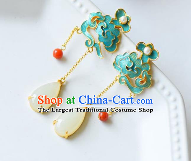 China Traditional Cheongsam Jade Tassel Ear Accessories National Enamel Cloud Earrings