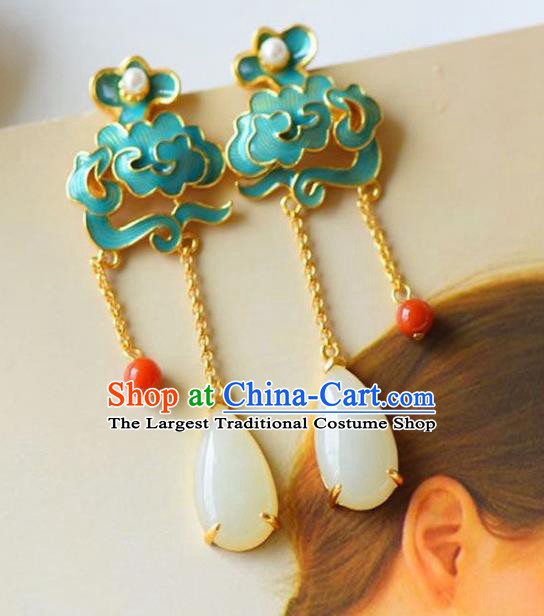 China Traditional Cheongsam Jade Tassel Ear Accessories National Enamel Cloud Earrings