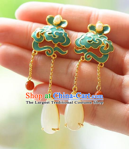 China Traditional Cheongsam Jade Tassel Ear Accessories National Enamel Cloud Earrings