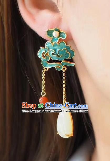 China Traditional Cheongsam Jade Tassel Ear Accessories National Enamel Cloud Earrings