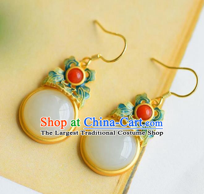 China Traditional Cheongsam Enamel Ear Accessories National White Jade Earrings