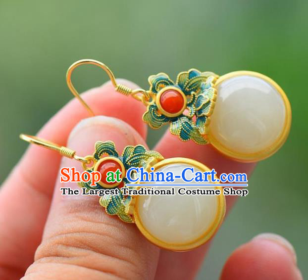 China Traditional Cheongsam Enamel Ear Accessories National White Jade Earrings