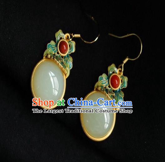 China Traditional Cheongsam Enamel Ear Accessories National White Jade Earrings