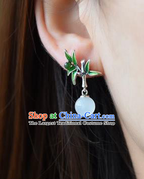 China National Silver Bamboo Earrings Traditional Cheongsam Chalcedony Ear Accessories