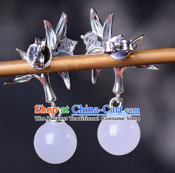 China National Silver Bamboo Earrings Traditional Cheongsam Chalcedony Ear Accessories