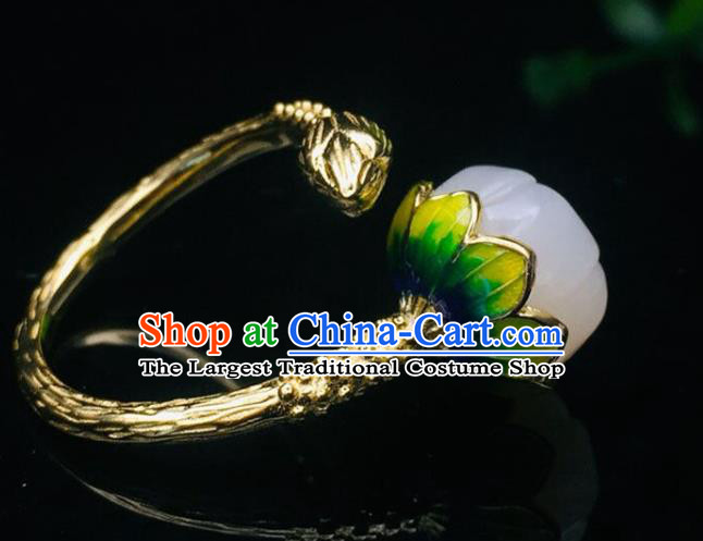 Chinese Handmade Golden Ring Jewelry Accessories Classical Jade Mangnolia Circlet