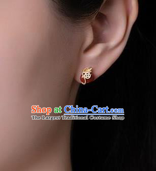 China National Agate Lucky Bag Earrings Traditional Cheongsam Golden Copper Ear Jewelry Accessories