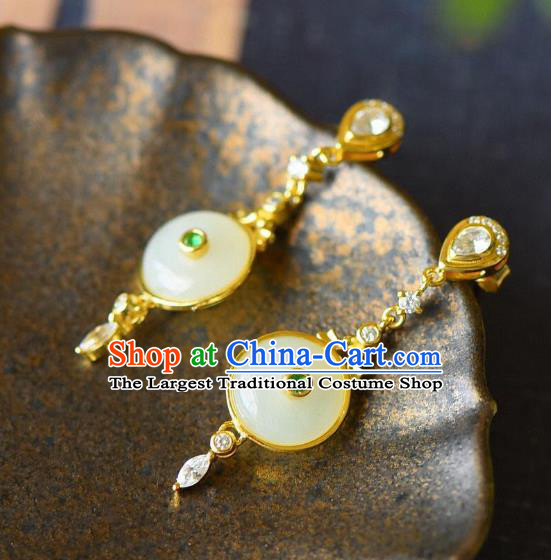 China Traditional Cheongsam Crystal Ear Jewelry Accessories National Jade Peace Buckle Earrings