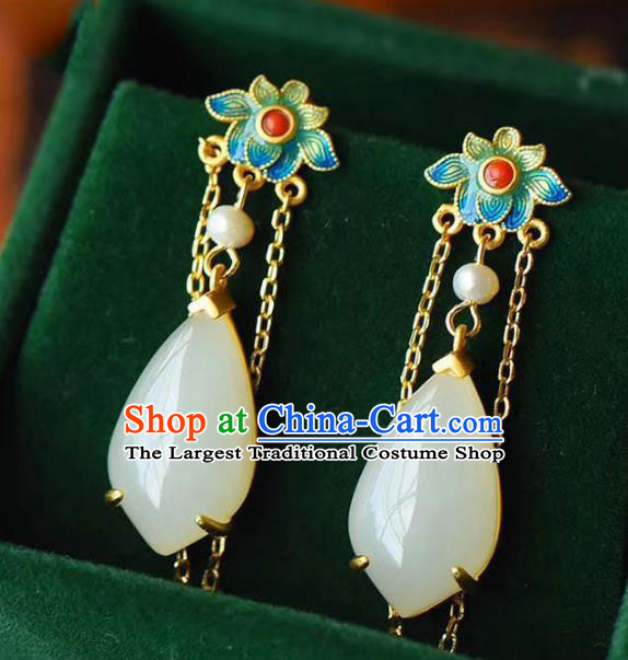 China Traditional White Jade Ear Jewelry Accessories National Cheongsam Enamel Lotus Earrings