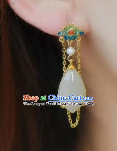 China Traditional White Jade Ear Jewelry Accessories National Cheongsam Enamel Lotus Earrings