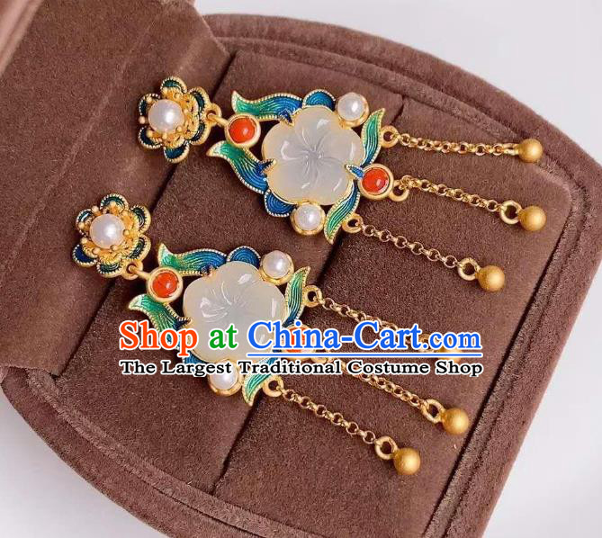 China Traditional Golden Tassel Ear Jewelry Accessories National Cheongsam Enamel Jade Plum Earrings
