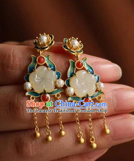 China Traditional Golden Tassel Ear Jewelry Accessories National Cheongsam Enamel Jade Plum Earrings