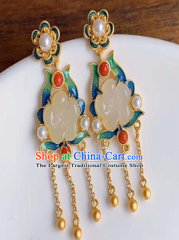 China Traditional Golden Tassel Ear Jewelry Accessories National Cheongsam Enamel Jade Plum Earrings