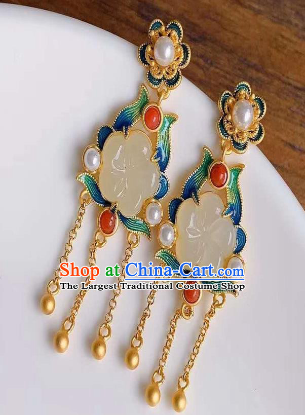 China Traditional Golden Tassel Ear Jewelry Accessories National Cheongsam Enamel Jade Plum Earrings