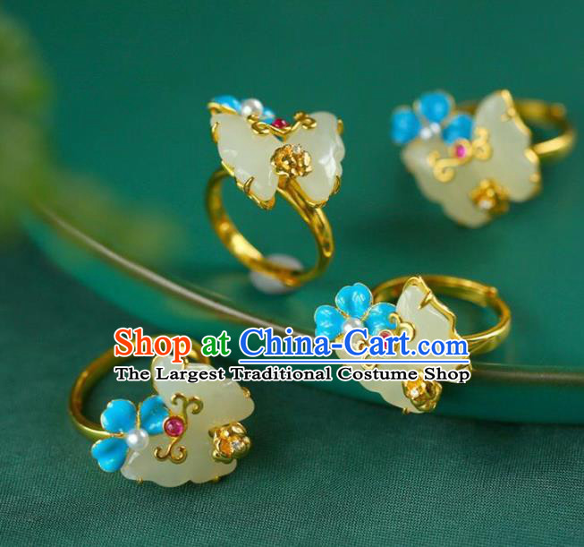 Chinese Handmade Jade Butterfly Ring Jewelry Accessories Classical Court Golden Circlet