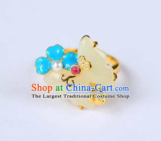 Chinese Handmade Jade Butterfly Ring Jewelry Accessories Classical Court Golden Circlet